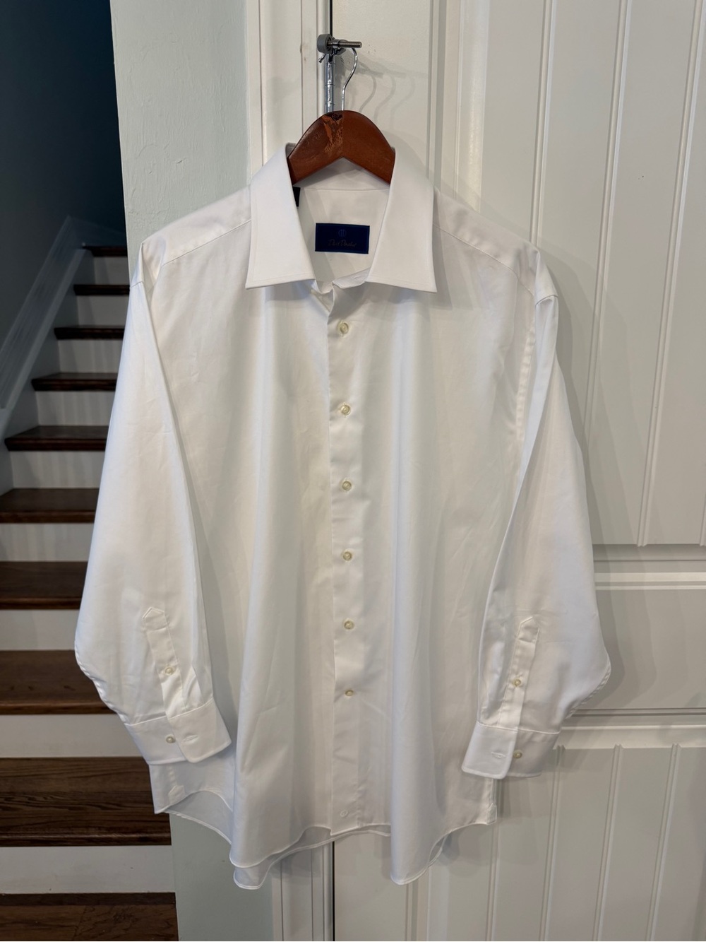 David Donahue White Dress Shirt Mens 17.5 32/33 100% Cotton Button Front
